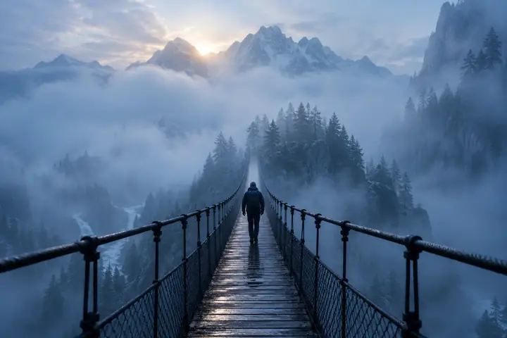 A lone figure crossing a suspension bridge in soft blue morning fog.