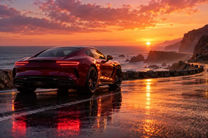 A burgundy sports car reflected on a wet coastal road at sunset.