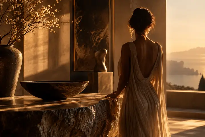 A sculptural editorial portrait in warm amber studio light.