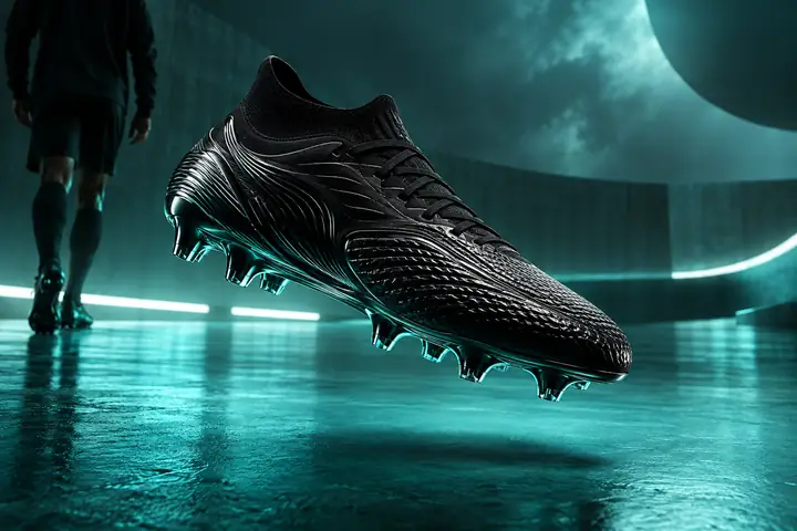 A futuristic black football boot floating above a teal studio floor.