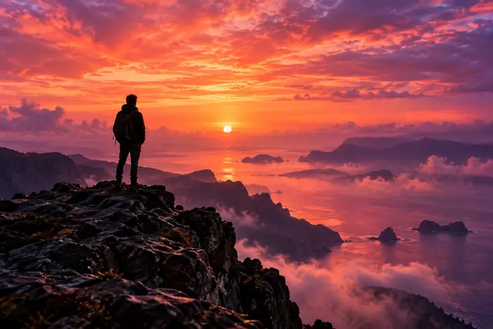 A lone figure standing on a dark cliff against a vivid coral and violet sunset.