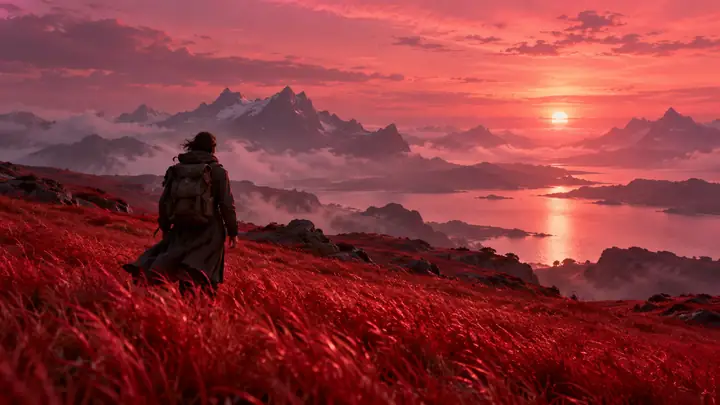 A lone creative walking through crimson grass beneath a dusky rose sky, cinematic wide framing.