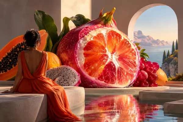 Colorful surreal fruit-inspired artwork with soft studio shadows.