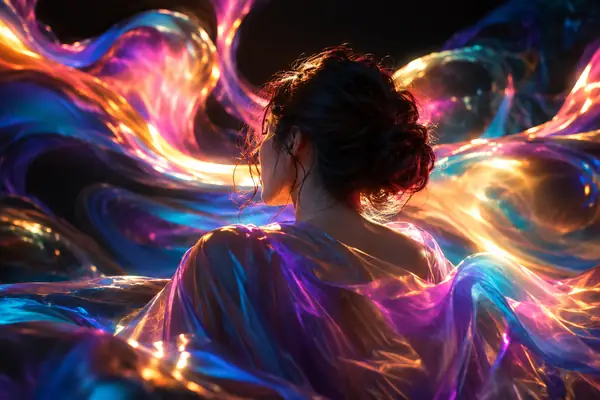 Expressive neon portrait with sculptural color and a dark backdrop.