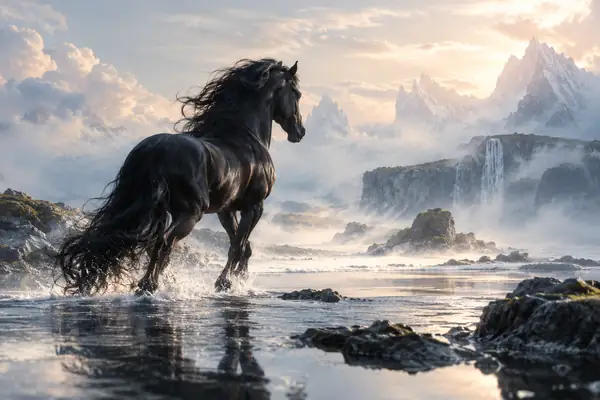 Dreamlike black horse moving through a pale atmospheric landscape.