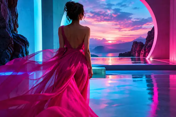 Graphic fashion portrait with vivid cyan and magenta accents.