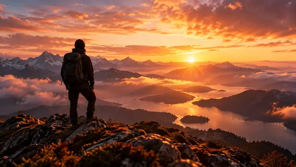 Wide cinematic landscape with a lone figure and glowing horizon.