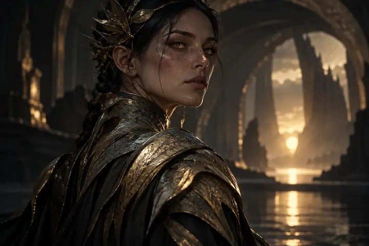 A weathered otherworldly character with amber eyes and sculptural armor in moody low light.