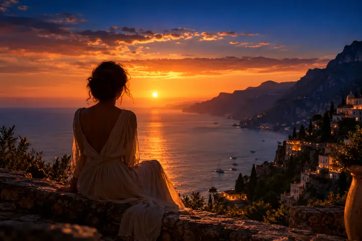 A romantic cinematic scene with a solitary figure beneath deep blue and amber evening light.