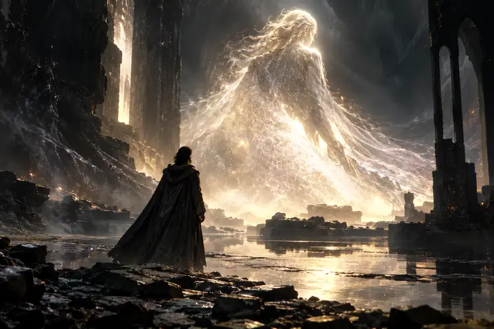 A strange luminous figure emerging from darkness in a richly textured cinematic fantasy scene.