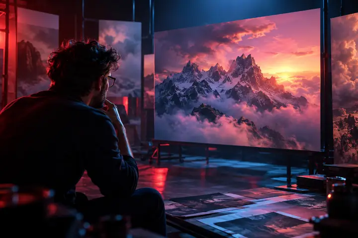 A cinematic close-up of a creative director in a dark studio, with dramatic red and blue production light.