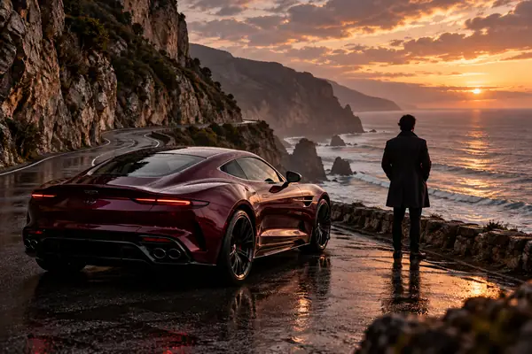 A burgundy sports car on a wet coastal road beneath a rugged cliff, premium advertising mood.