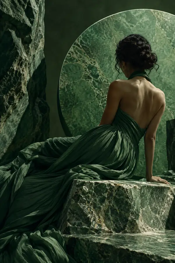 An art-directed green magazine cover with an abstract fashion portrait on textured stone.