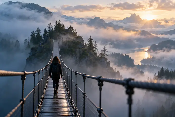 A cinematic figure seen from behind crossing a suspension bridge through cool morning haze.