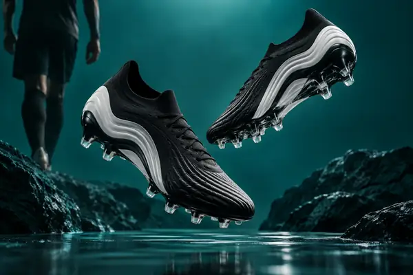 A pair of black and white sculptural football boots floating against a rich teal studio background.